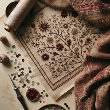 vintage background with lace and chikankari fabric