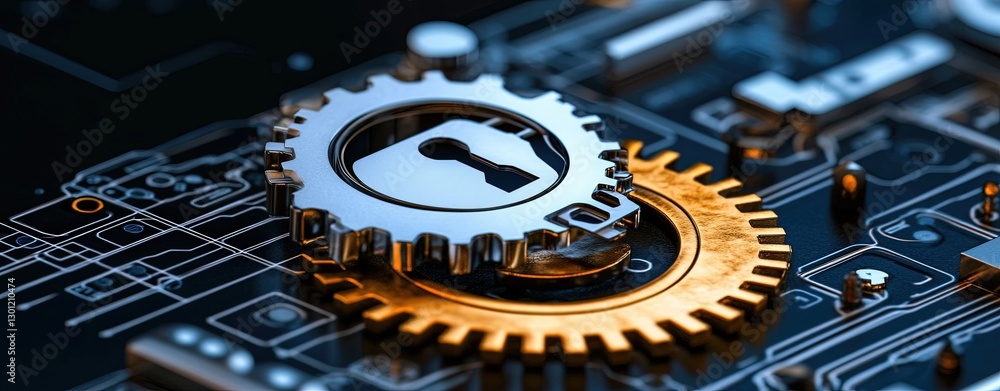 Poster metallic gears with lock symbol on abstract circuit board background in blue and gold tones