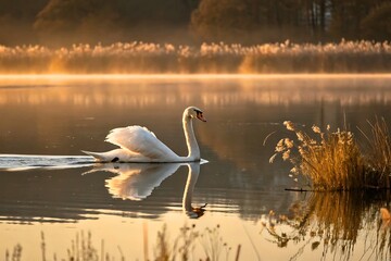 Fototapeta premium Serene Swan Gliding on Misty Golden Lake at Sunset