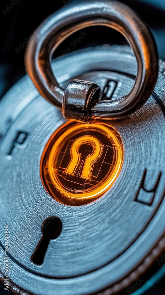 Poster close-up view of a metallic padlock with glowing keyhole highlighting security and protection themes