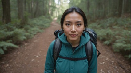 East Asian Woman Hiker on Forest Path, Symbolizing Exploration and Personal Growth in Natural Setting