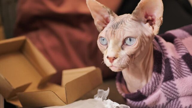 A domestic pet cat of the Sphynx breed looks warily with big blue eyes. A purebred Sphynx in a checkered dress sitting on a sofa in a cozy home environment.