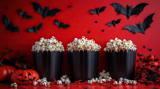 A spine chilling movie night with pals! This side view of a table and wall adorned with Halloween themed bats and popcorn boxes awaits on a red wall background, perfect for your horror movie premiere.