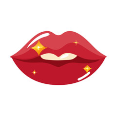 Glossy red lips with golden sparkles