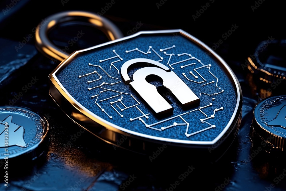 Poster modern shield lock with digital elements on dark surface representing security and protection