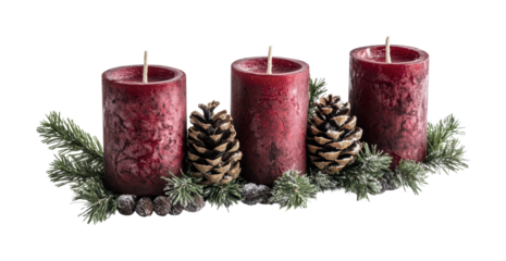 Festive candle arrangement with pine cones and greenery for winter celebrations, cut out