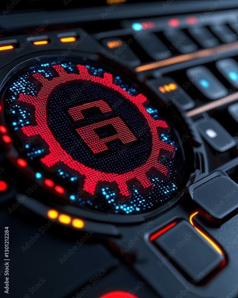 Poster close-up of illuminated red gear icon on modern laptop keyboard with colorful backlight design