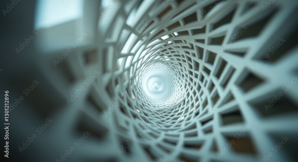 Poster abstract white geometric tunnel with repeating diamond shapes converging into a central light point.