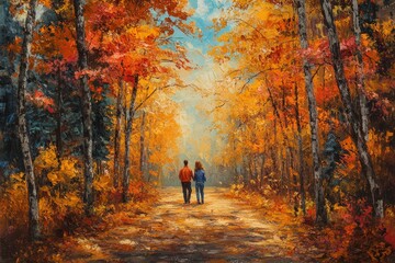 A couple walks hand-in-hand down a path in a forest with vibrant fall foliage.