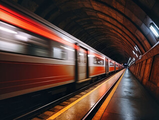 Fototapeta premium Fast-moving subway train passing through a modern underground station