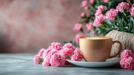 A steaming cappuccino, fresh carnations, and a sweet note create a cozy and inviting Mother's Day scene.