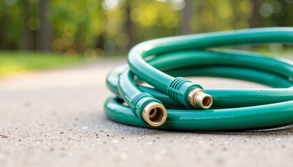 Neatly coiled green garden hose on concrete patio, practical tidiness