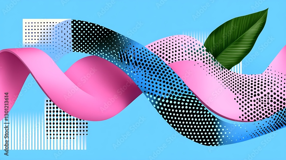 Poster abstract rendering with ribbon shape, halftone patterns, and leaf accent