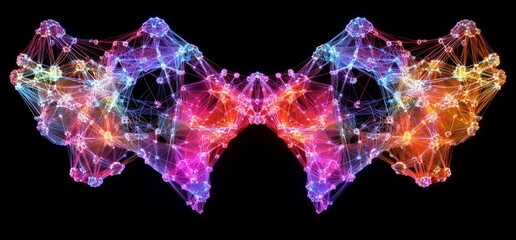 Colorful network plexus, dark background, abstract design, digital art