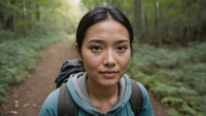 East Asian Woman Hiker on Forest Path, Symbolizing Exploration and Personal Growth in Natural Setting