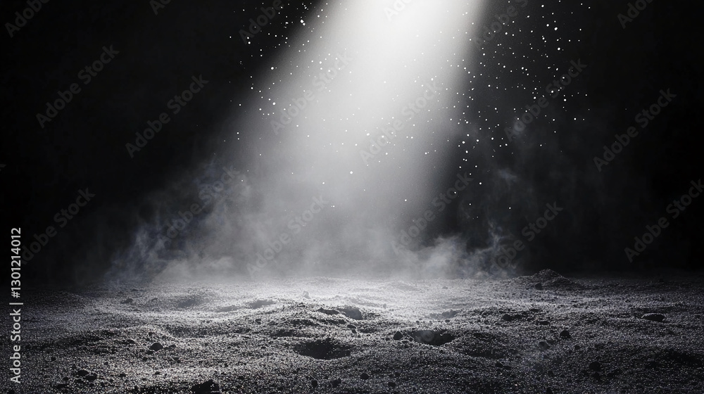 Poster a beam of light cuts through the dark, illuminating a dust-filled environment with a soft glow, symb