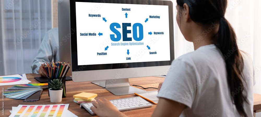 Aufkleber seo search engine optimization for brisk e-commerce and online retail business showing on computer s