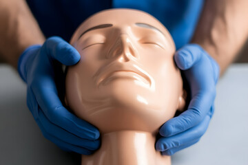 CPR training on a manikin demonstrating proper hand placement and airway management. Medical professional with gloved hands performing demonstration.