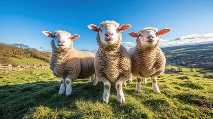 Naklejka premium Three white sheep with brown spots on their legs and faces stand on a grassy hill, looking at the camera.