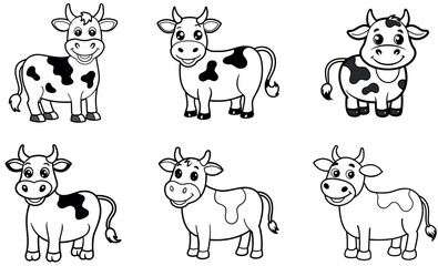 Cute black and white cartoon cows, perfect for coloring pages.