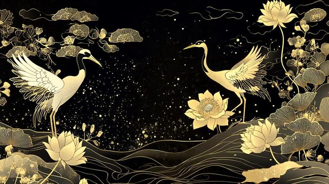 Elegant golden crane and lotus illustration on black backdrop for sophisticated design projects
