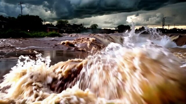 Torrential flood waters rushing under dark stormy skies in dramatic landscape