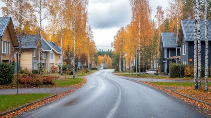 Obraz premium Autumn Road Through Suburban Neighborhood with Colorful Fall Foliage Trees