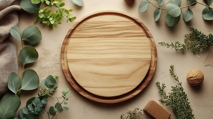 A top view photo of an empty round frame with eucalyptus and bracken branches, foliage, and wooden stands on a beige background, perfect for showcasing the simple beauty of wild nature.