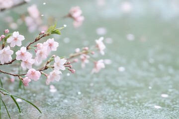 Pink Cherry Blossoms Falling on Serene Green Pond