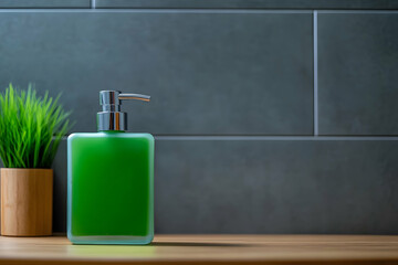 Green liquid soap dispenser placed against a textured gray wall with a small plant in a wooden pot on a wooden countertop