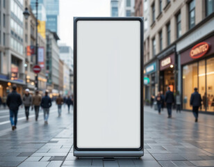 Vertical blank advertising billboard on a commercial street with people walking in the background, perfect for business promotions and branding.