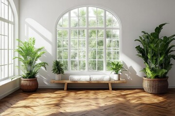 Bright sunlit room with plants and wooden floor