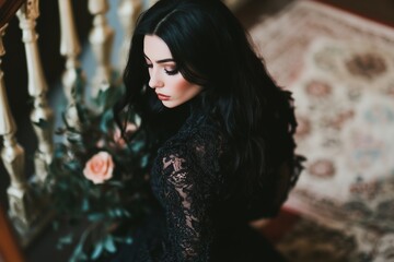 Elegant Dark Fantasy Bride in Black Lace Gown
