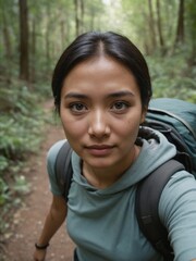 Southeast Asian Woman Hiker on Serene Forest Path, Symbolizing Resilience and Mindful Discovery