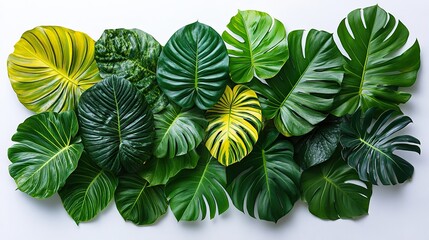 Fototapeta premium A vibrant bouquet of various tropical leaves arranged on a clean white background.