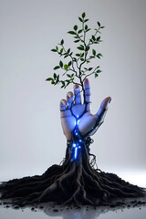 AI Robotic Hand Holding a Growing Tree – Green Technology and Sustainable AI