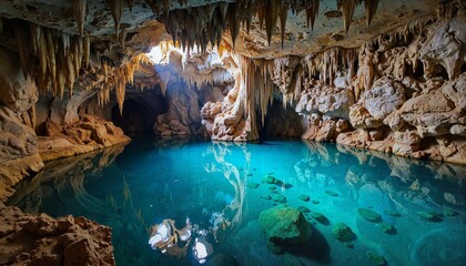 Fototapeta premium Cave interior with turquoise water and stalactites