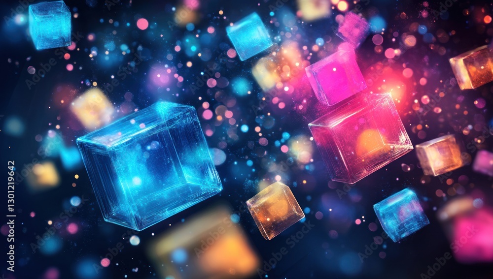 Poster glowing colorful cubes floating in dark space.