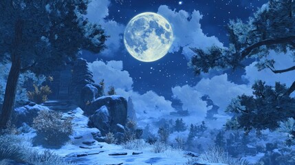Naklejka premium Mystical Winter Landscape with Full Moon Shining Brightly in Night Sky