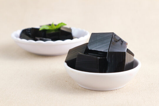 cincau hitam is black jelly made from the leaves of mesona palustris or other mesona family plant. its One of the popular ingredient desert menu when breaking the fast. selected focus