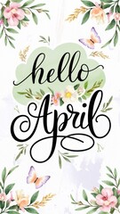 Obraz premium Spring-Themed 'Hello April' Illustration with Floral Decor and Butterflies Generative AI