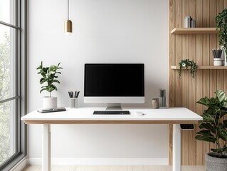Fototapeta premium A standing desk setup in a modern home office with a laptop and dual monitors, minimalist work environment, healthfocused design