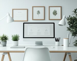Fototapeta premium Stylish, modern home workspace with dual monitors on a clean desk, surrounded by muted tones, work from home, techsavvy setup