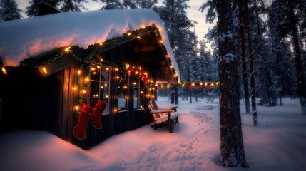 Naklejka premium Snowy cabin decorated for Christmas, forest backdrop, winter evening