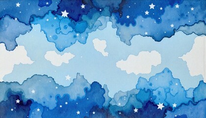Watercolor night sky with clouds and stars