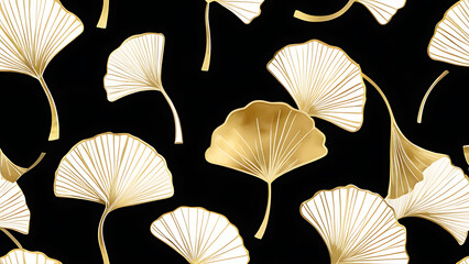 Golden Ginkgo Leaves Pattern on Black Background Seamless Floral Design