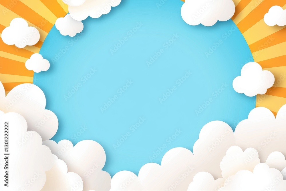 Poster sun and clouds background with paper cut comic pop art dynamic layout overlapping speech bubbles