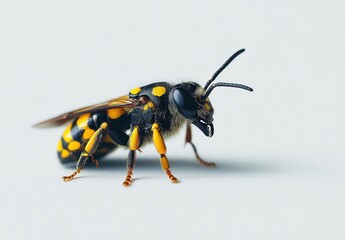 Close-Up of a Colorful Bee with Distinct Yellow and Black Patterns on a Light Background Displaying Intricate Details of Insect Anatomy