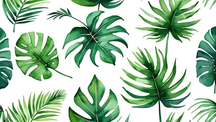 Watercolor Leaf Pattern with Tropical Greenery for Backgrounds and Design