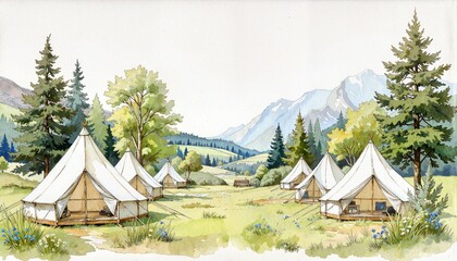 Watercolor painting of glamping tents in a scenic landscape